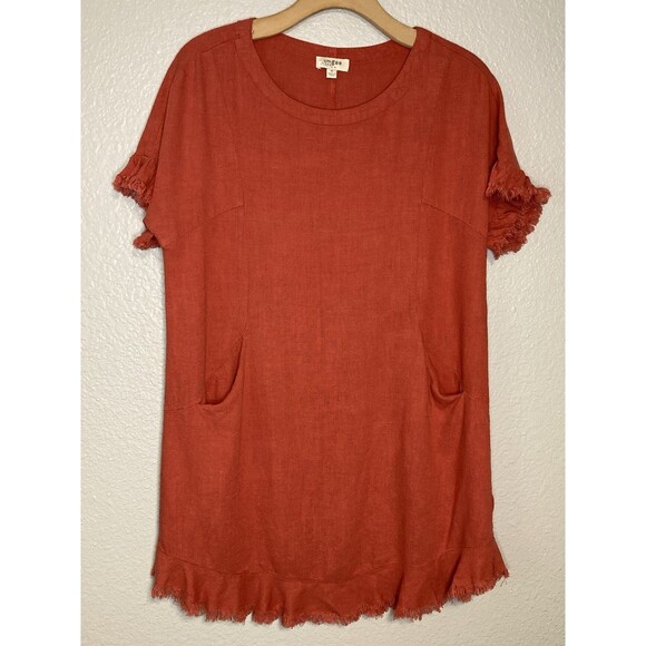 Umgee Linen Blend Top Size M Rust Burnt Orange Short Sleeve Raw Frayed Hem Boho - Picture 1 of 8